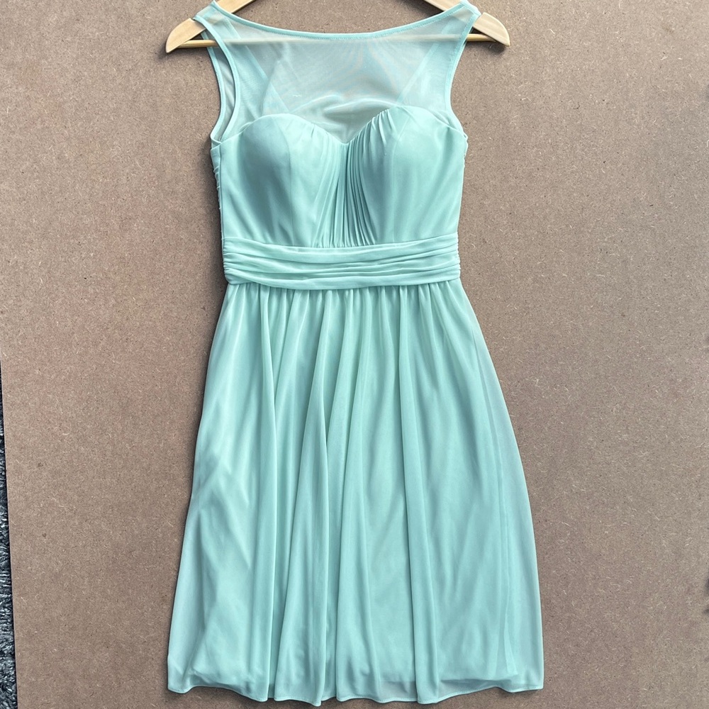 David’s Bridal short mesh dress with sweetheart illusion neckline.